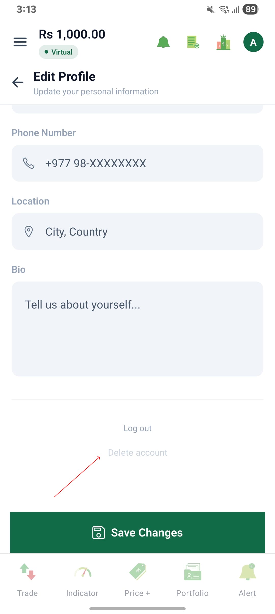 Share Rocket Edit Profile screen showing Delete Account option