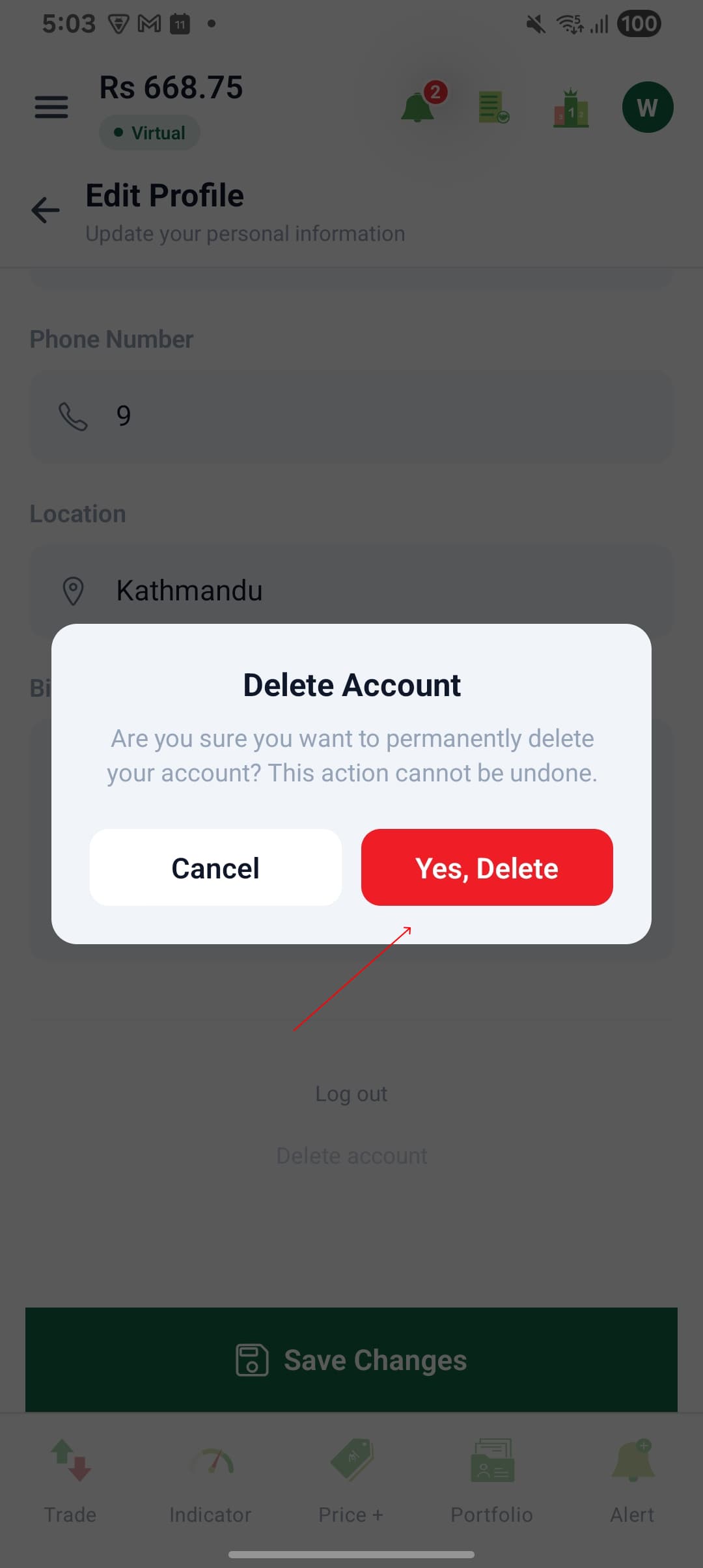 Share Rocket Delete Account confirmation dialog
