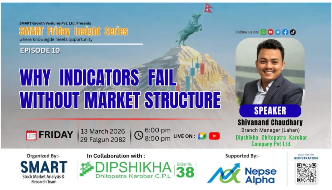 इन्डिकेटर मात्र प्रयोग गर्दा किन फेल हुन्छ ट्रेड? ‘Market Structure vs Indicators’ विषयमा SMART Friday Insight Series Episode 10, मार्च १३ मा